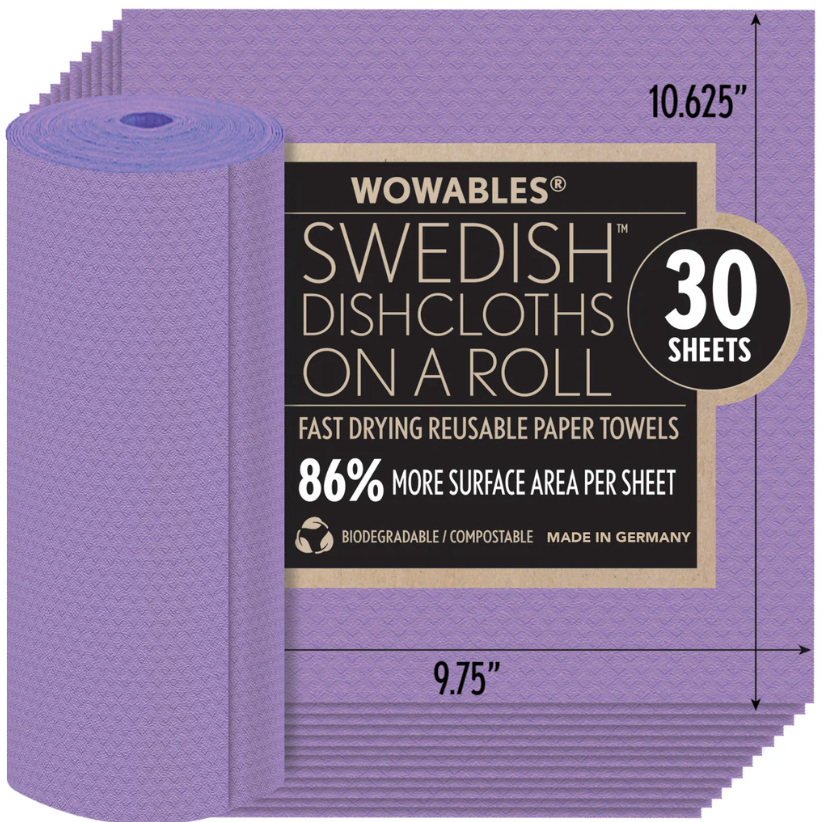 WOWABLES REUSABLE & BIODEGRADABLE PAPER TOWELS, 30 COUNT ROLL PURPLE