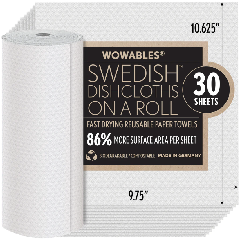 WOWABLES, REUSABLE & BIODEGRADABLE PAPER TOWELS, 30 COUNT ROLL