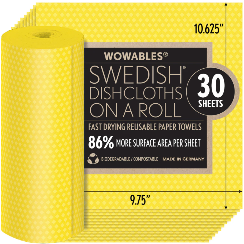 WOWABLES REUSABLE & BIODEGRADABLE PAPER TOWELS, 30 COUNT ROLL YELLOW